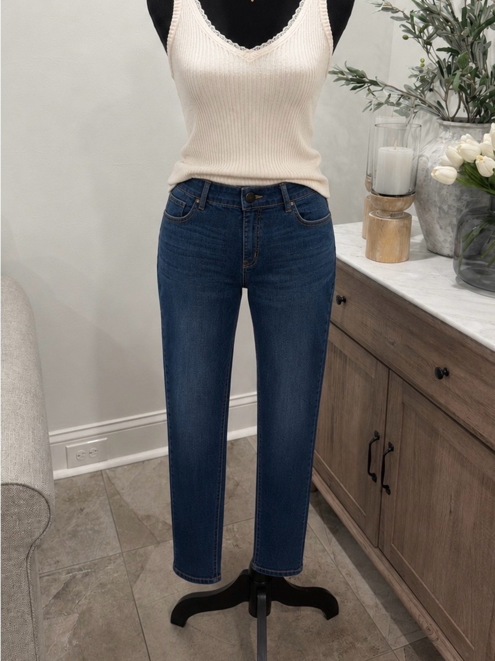 Betabrand Women’s Skinny Pull-on Jeans in Dark Blue Wash Size Large